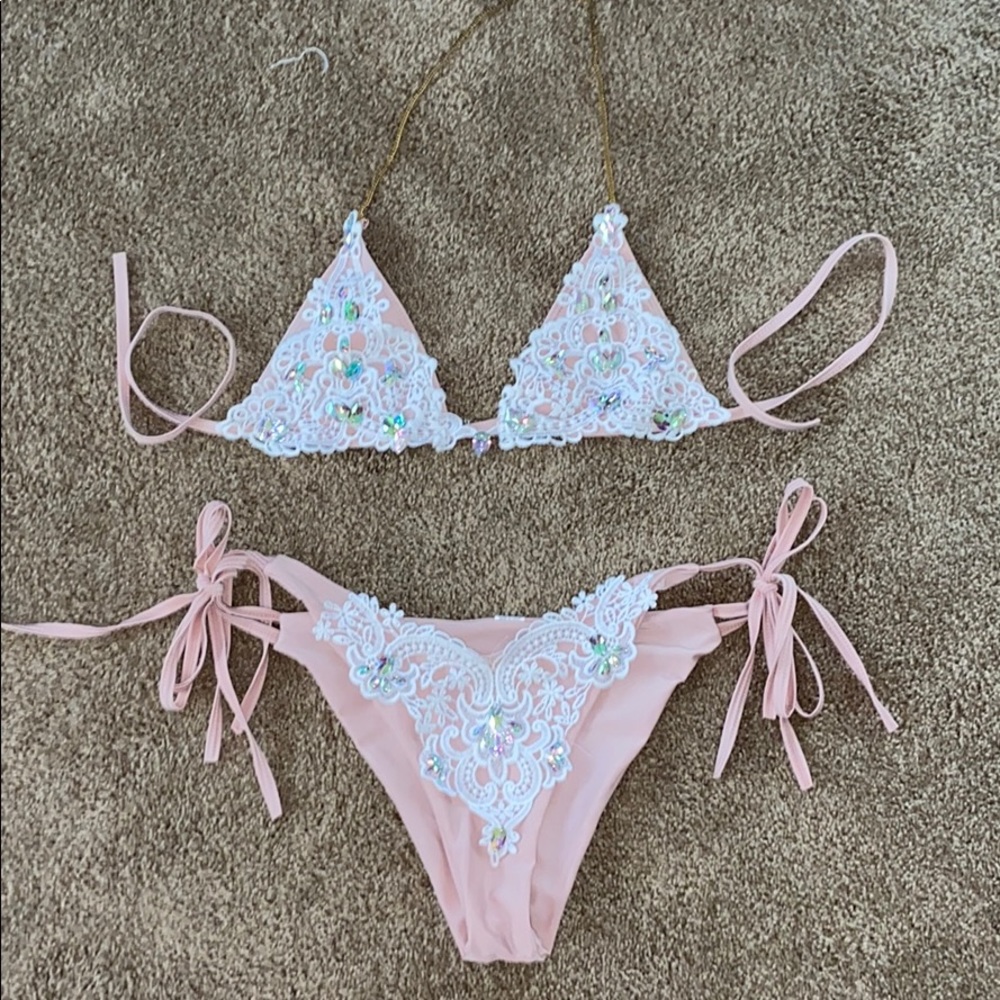 Boutique Lace Overlay Rhinestone Bikini